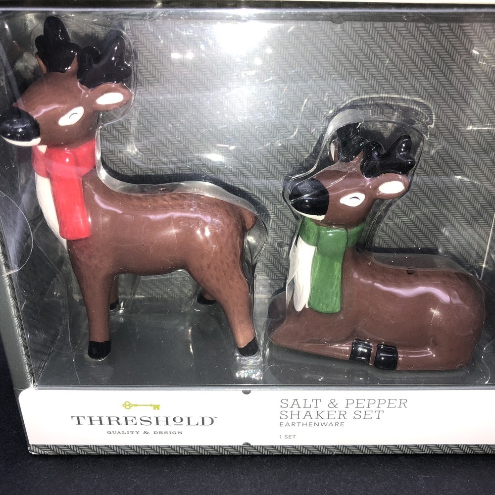 Threshold Reindeer Earthenware Salt &‎ Pepper Shaker Set Christmas New 4.5" Tall